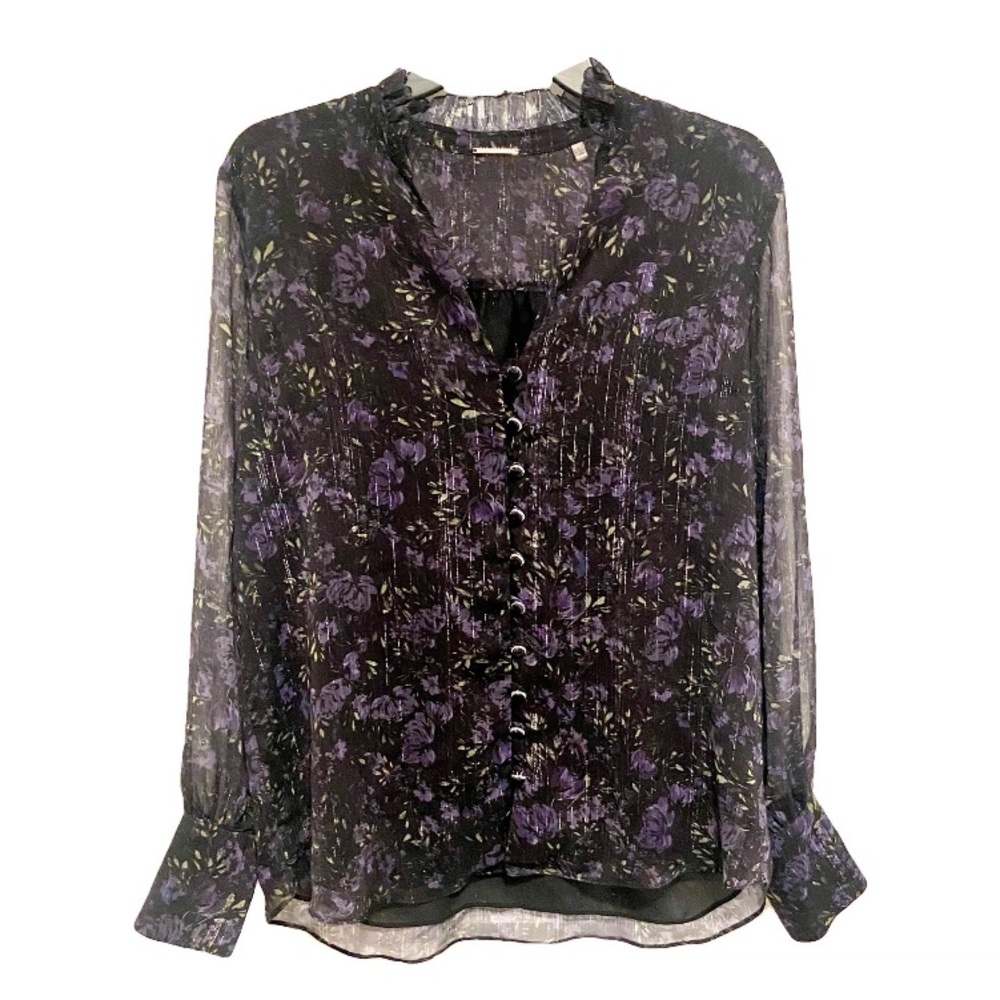 Elie Tahari Black Sheer Blouse with Purple Floral Print